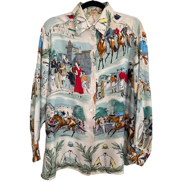 HERMES Vintage Chantilly Ivory Blue Silk Blouse Women FR42 Women L XL 12 14 16 - Picture 1 of 16
